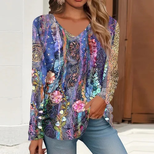 Vista 3 de Trajes de otoño para mujer, sudaderas de manga larga con estampado de cuello en V, trajes lindos y cómodos y elegantes