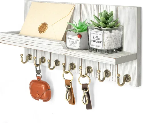 Vista 14 de Rebee Vision Soporte de Pared para Llaves de Madera de Acacia – Soporte para Llaves Estilo Granja para Pared y Organizador de Correo con Estante