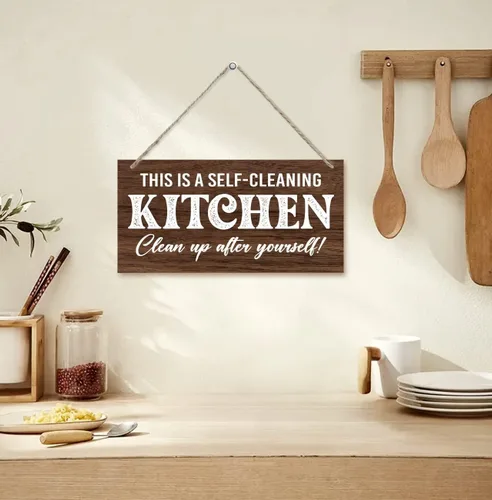 Vista 3 de Kitchen Rules - Letrero decorativo de madera con texto en inglés "This is a Self-Cleaning Kitchen, placa de madera impresa colgante, letrero