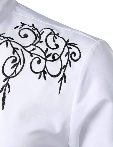 Vista 4 de ZEROYAA Camisas de vestir de manga larga con bordado floral para hombre, Blanco Negro