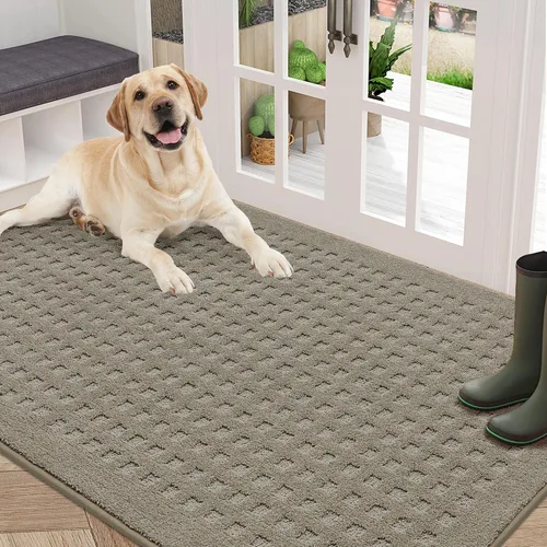 Vista 22 de BEQHAUSE Tapetes para puerta de 20 x 32 pulgadas, tapete antideslizante de punto gofre, de perfil bajo, resistente a la suciedad y absorbente, Beige