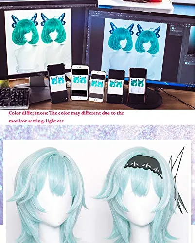 Vista 5 de Alacos Anime - Pelucas de cosplay de múltiples roles, resistente al calor, peluca de fiesta de Halloween + gorra gratis (peluca de eula azul)