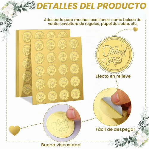 Vista 3 de Seajan 500 calcomanías en relieve de oro con texto en relieve vintage para sobres, autoadhesivas, papel de aluminio redondo, suministros de tarjetas