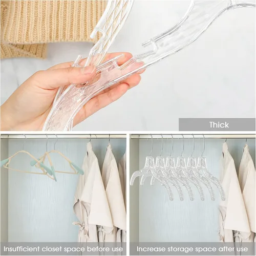 Vista 5 de Roowest 40 perchas de plástico transparente para ropa a granel de 17 pulgadas, duraderas con corte de cristal, perchas resistentes con clips