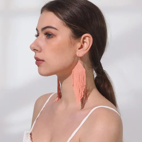Vista 5 de Aretes de borla hechos a mano con cuentas, aretes bohemios con flecos para mujeres y niñas, aretes indios nativos americanos