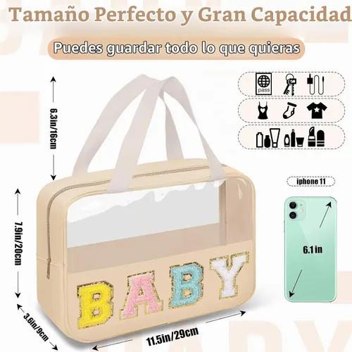 Vista 2 de izuzta Bolsas de maquillaje transparentes tipo tote con letras de chenilla, bolsa de maquillaje preppy con asa, Moda BEBÉ-Beige