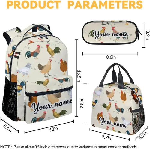 Vista 4 de Mochila de pollo personalizada con lonchera y estuche para lápices, bolsa de libros con temática de pollo de 16 pulgadas con correas ajustables