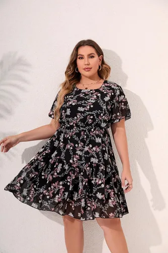 Vista 5 de HBEYYTO Vestido de playa bohemio con estampado floral para mujer, talla grande, casual, manga con volantes, cintura elástica, vestido de gasa