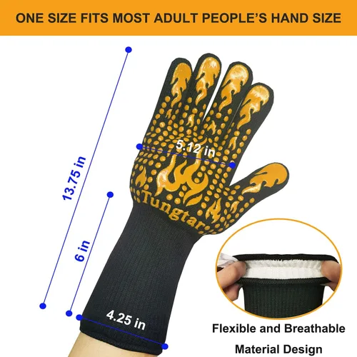 Vista 2 de Guantes resistentes al calor para barbacoa, guantes de horno 1472 ℉, 14 pulgadas, guantes de parrilla a prueba de calor para hombres, guantes