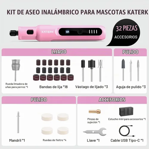 Vista 7 de Katerk Molinillo de uñas para perros para mascotas, 5 velocidades Rosa