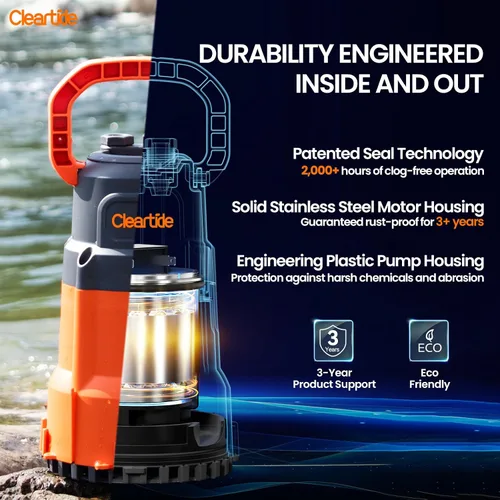 Vista 4 de Cleartide Bomba de agua sumergible de 1 HP, bomba de sumidero de 4500 GPH, enchufe portátil y trabajo para estanque, riego de jardín, piscina