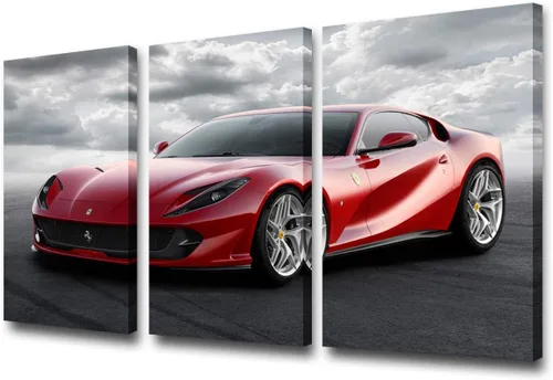 Vista 21 de Arte de pared de auto deportivo rojo para sala de estar, arte de pared de lienzo de súper auto genial, imágenes pósters, 3 piezas, arte moderno
