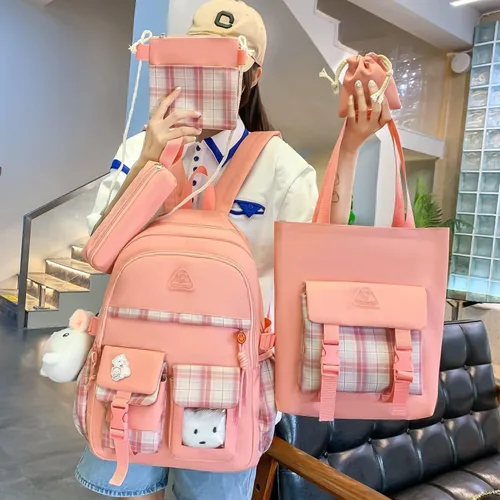 Vista 2 de HCOOLE Mochila Kawaii de 5 piezas con bonitos colgantes de felpa e insignia, mochila escolar de alta capacidad de 19 galones, bonita mochila