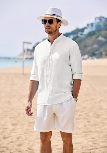 Vista 2 de COOFANDY Camisetas casuales Henley de manga larga para hombre, camisetas hippie de playa, camisetas de yoga y verano