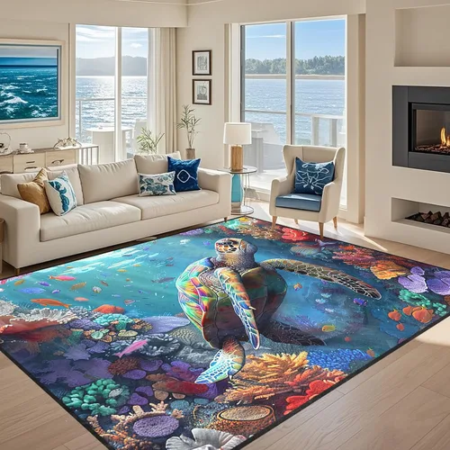 Vista 8 de Alfombra de tortuga marina con estampado de animales marinos y animales marinos, alfombra con estampado de tortugas marinas, para niños y niñas