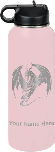 Vista 16 de LaserGram Botella de agua con tapa abatible de doble pared de 12 onzas con pajilla, dragón, grabado personalizado incluido (negro)