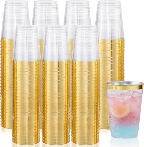 Vista 15 de Supernal 100 piezas de vasos de plástico azules, vasos desechables transparentes azules claros de 10 onzas con borde dorado, vasos de plástico