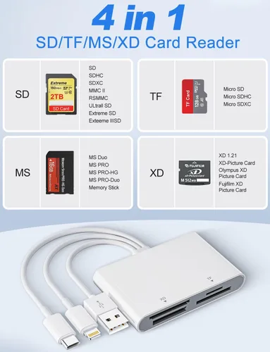 Vista 3 de Adaptador Memory Stick Pro Duo - Lector de tarjetas XD para iPhone/USB C/A, 4 en 1 SD/TF/MS/XD Lector de tarjetas Sony Cybershot lector de tarjetas