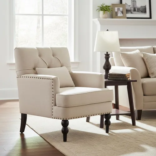 Vista 3 de HUIMO Silla de Club Acolchada, Silla de Acento con Almohada Lumbar, Sillón Tapizado con Botones, Sillas de Sofá de Tela de Lino para Dormitorio