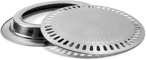 Vista 9 de Sartén coreana para barbacoa para estufa, sartén redonda de acero inoxidable de 11.81 x 1.1 pulgadas, placa de parrilla de campamento