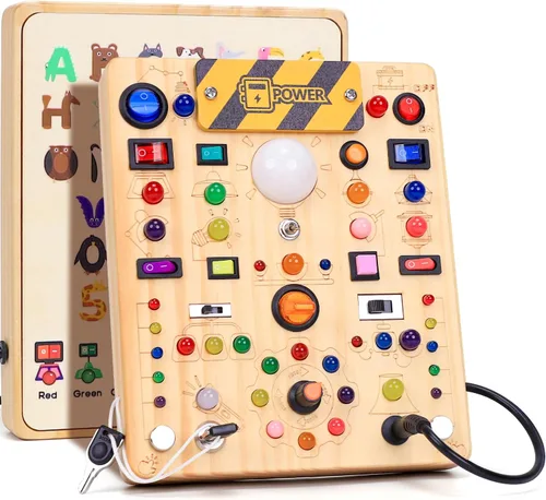 Vista 11 de Tablero de actividades con interruptores de luz LED, juguetes Montessori para niños de 1, 2, 3 años, tablero de actividades sensoriales de madera