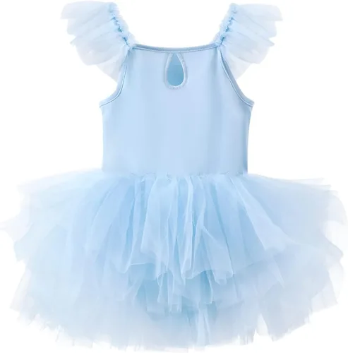Vista 2 de Vestidos tutú de baile para niñas, con mangas con volantes, entrepierna a presión, leotardos de ballet