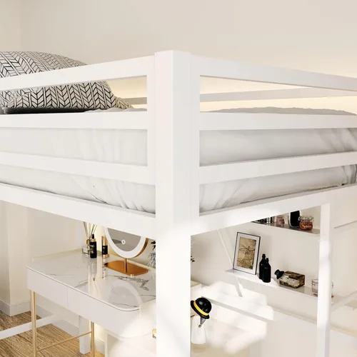 Vista 7 de ikalido - Cama tipo loft de metal, tamaño individual, con barandilla de seguridad y escalera, color blanco crema No necesita somier, muebles