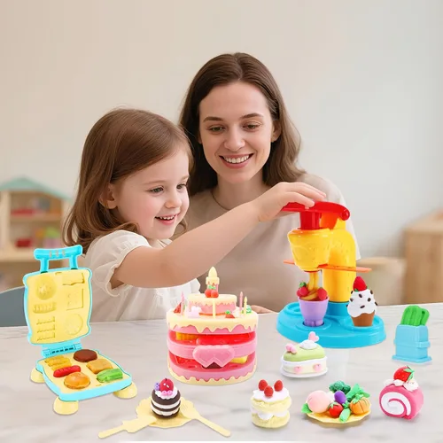 Vista 6 de Crelloci Juego de 4 en 1 de plastilina de colores para cocina, máquina de creación de helado, fideos, hamburguesas y pastel, juguetes de modelado