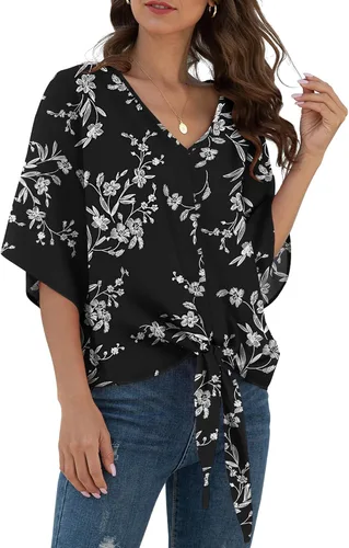 Vista 27 de VIISHOW Womens Tie Front Chiffon Blouses V Neck Batwing Short Sleeve Summer Tops Shirts Albaricoque