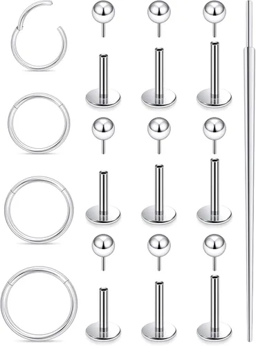 Vista 8 de Aretes de nariz de acero quirúrgico 316L, 20G, 18G y 16G, sin rosca, aretes de lóbulo para cartílago, cartílago, oreja, labio, piercing para mujeres