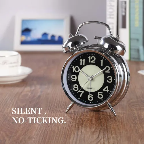Vista 4 de Reloj despertador súper fuerte para personas que duermen pesadas, reloj despertador de campana doble de 4 pulgadas con luz de fondo, funciona
