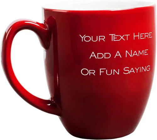 Vista 9 de PlaqueMaker Taza de café bistró de cerámica personalizada, texto grabado con láser, 16 onzas (rojo)