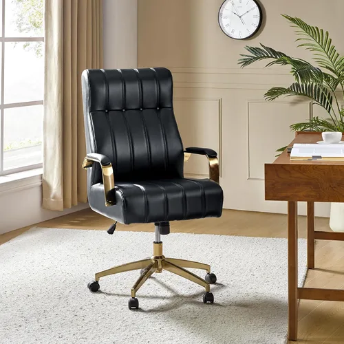 Vista 9 de HULALA HOME Silla de oficina ejecutiva moderna, silla de escritorio ergonómica copetuda de piel sintética con base chapada en oro y reposabrazos