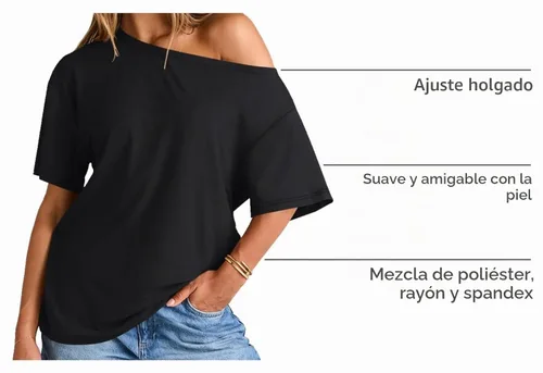 Vista 4 de Trendy Queen Camisetas de verano de gran tamaño con hombros descubiertos Negro