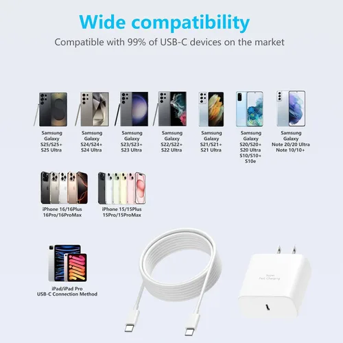 Vista 11 de Cargador súper rápido de 45 W para Samsung, cargador de teléfono Android, paquete de 2 Cable USB C a C de 10 pies, bloque de carga de 45 vatios