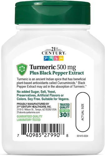Vista 2 de 21st Century Cúrcuma 500 mg más extracto de pimienta negra cápsulas vegetarianas, 60