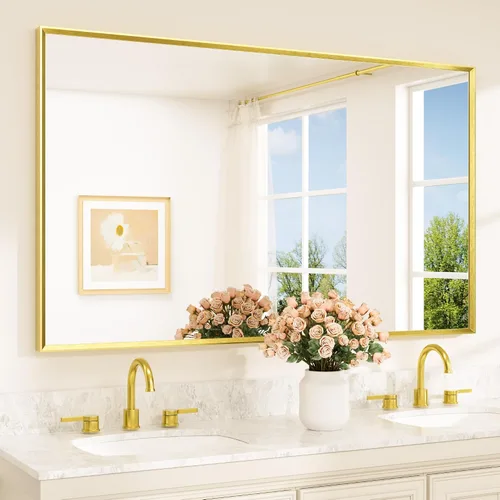 Vista 65 de TETOTE Espejo de baño dorado cepillado de 20" x 30", espejo de tocador de baño rectangular de latón dorado cepillado con marco biselado para sobre