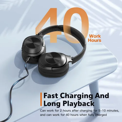 Vista 5 de Auriculares con cancelación activa de ruido, auriculares Bluetooth inalámbricos, micrófono integrado, 40 horas de reproducción, auriculares