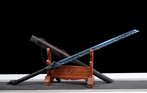 Vista 9 de Espada de lobo hecha a mano Cool Blue Carbon Steel Chinese Tang Dao con cinturón