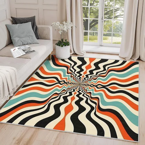 Vista 10 de Alfombra Geométrica 2x3 - Alfombra de Área Abstracta Retro Colorida, Tapete de Puerta Moderno de Mediados de Siglo, Lavable y Antideslizante y Suave
