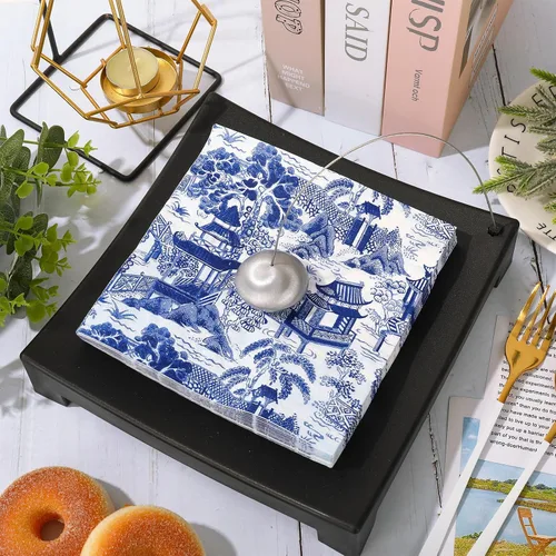 Vista 3 de 80 servilletas de papel desechables de cóctel toscano, servilletas de papel azul y blanco para bebidas para el hogar, fiesta, suministros de mesa