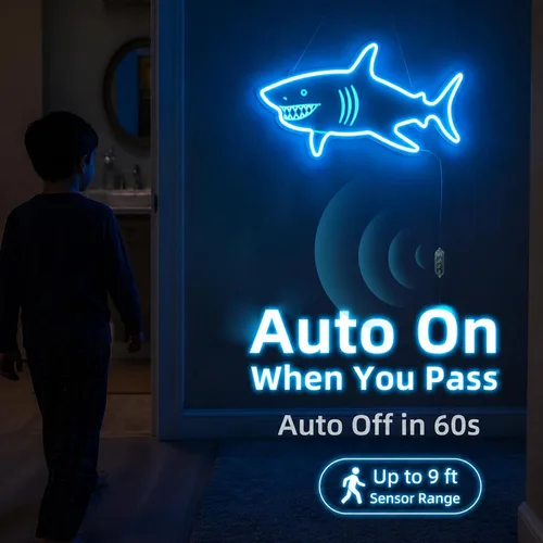 Vista 3 de Letrero de neón de tiburón con sensor de movimiento, letrero de neón LED azul hielo con 3 modos regulables, tablero acrílico decoración de tiburón