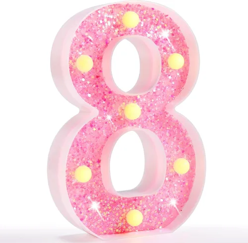 Vista 35 de Pooqla Luces de números de marquesina, números de luz rosa para niñas de 10.º cumpleaños, funciona con pilas, luz nocturna de número con purpurina