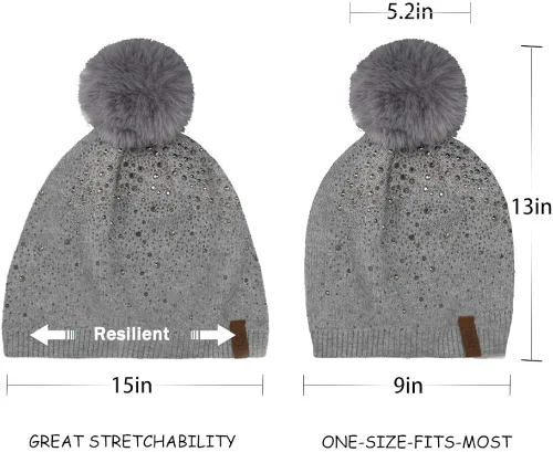 Vista 4 de Gorro de invierno para mujer con pompón de piel sintética cálido suave con diamantes de imitación para mujer