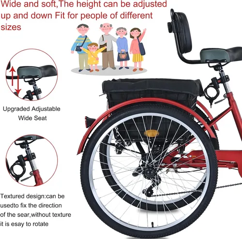 Vista 6 de Triciclo para adultos mejorado, triciclo de 7 velocidades para adultos con cestas delanteras y traseras, bicicletas de 3 ruedas para adultos