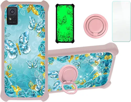 Vista 14 de jioeuinly Funda compatible con Oukitel P1 Pro con protector de pantalla de vidrio templado, policarbonato duro + silicona suave, soporte de anillo