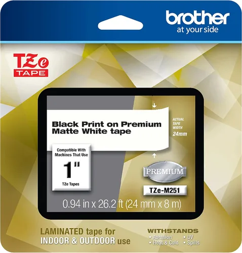 Vista 39 de Brother - Cinta laminada Negro sobre Amarillo, 24 mm Empaquetado al menudeo, Negro sobre blanco
