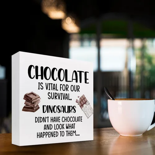 Vista 3 de Divertido letrero de madera para cocina, chocolate es vital para nuestra supervivencia, caja de madera, placa de bloque para decoración del hogar