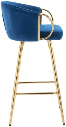 Vista 5 de Taburetes de bar modernos de terciopelo, juego de 2 taburetes de bar con respaldo y reposapiés cromados, taburetes de bar altos con patas doradas