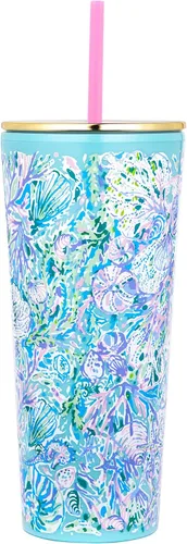 Vista 6 de Lilly Pulitzer Vaso de doble pared con tapa y popote reutilizable, vaso de viaje aislado con capacidad para 24 onzas, cereza amarena